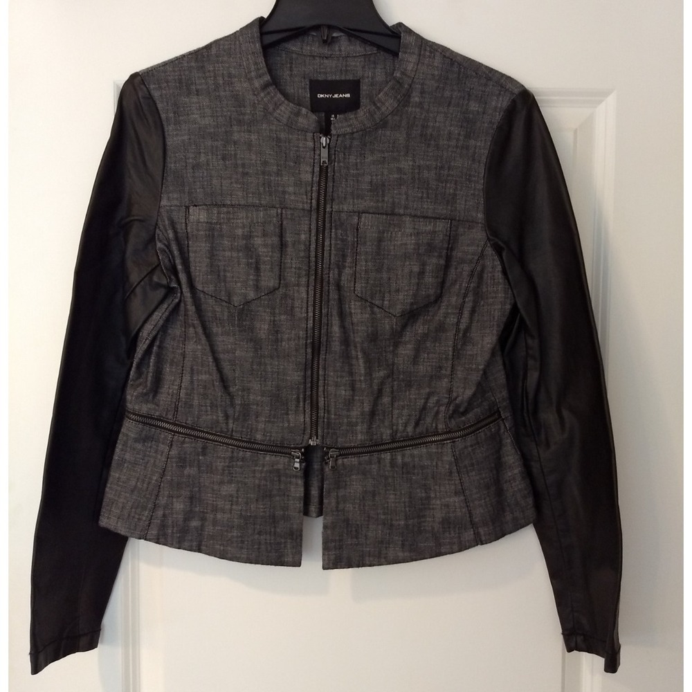 DKNY Jeans Moto Jacket Womens M Full Zip Heather Black Faux Leather Sleeves NWOT